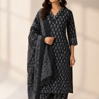 Jet Black Block-Printed Straight Kurta