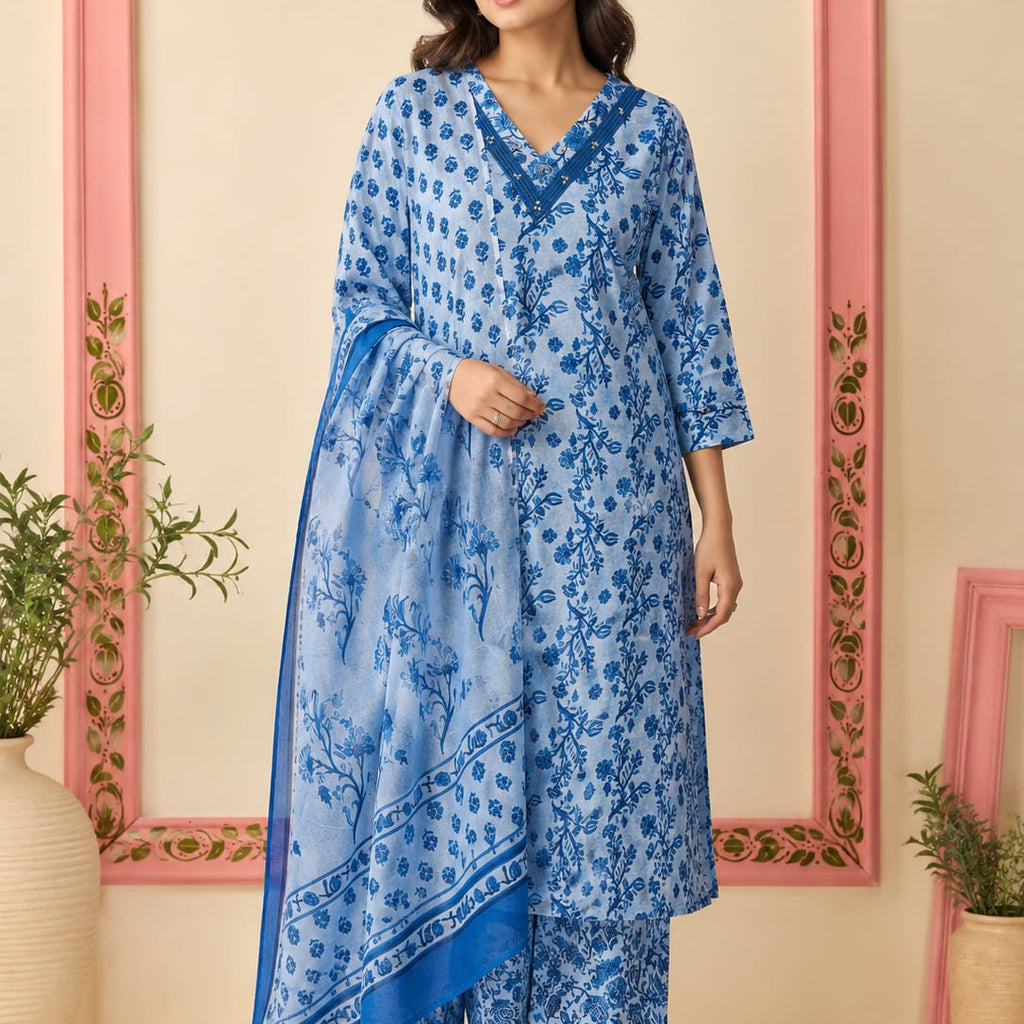 Sky Blue Floral Jaal Print Straight Kurta