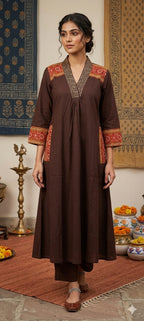 Deep Chocolate Brown A-Line Pocketed Kurta with Hand-Embroidery