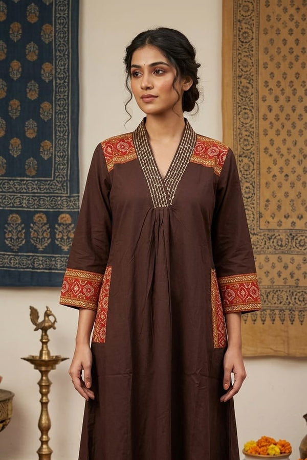 Deep Chocolate Brown A-Line Pocketed Kurta with Hand-Embroidery