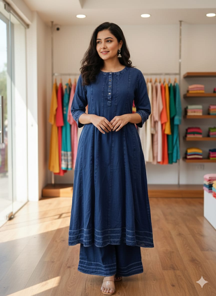Indigo Blue Denim-Look Paneled Anarkali Kurta
