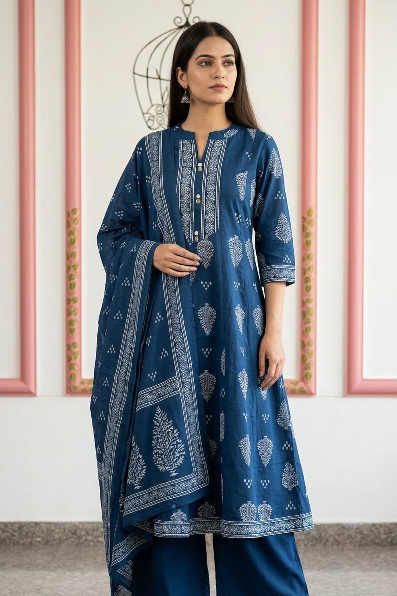Indigo Blue Block-Printed Straight Kurta