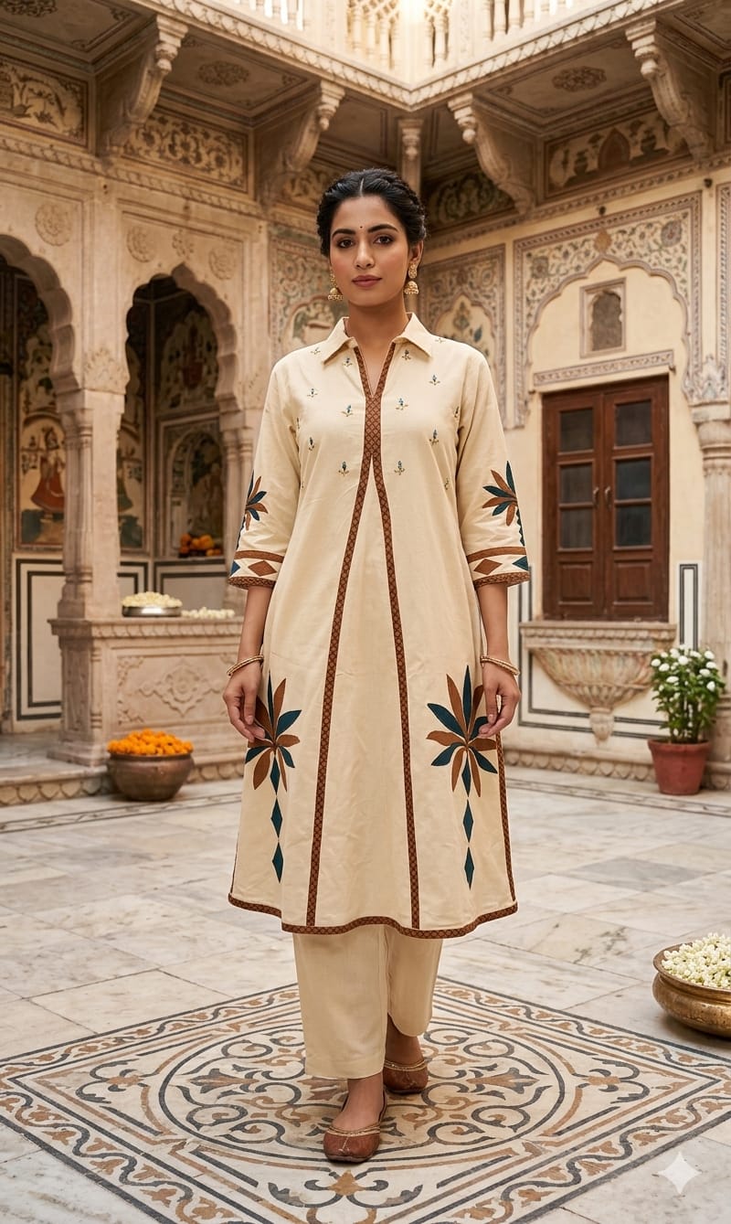 Cream Beige Collared A-Line Kurta
