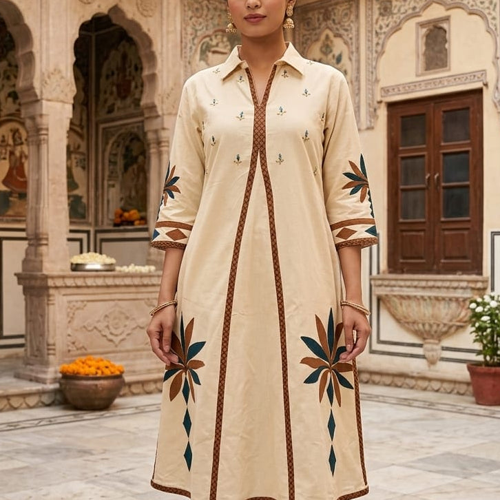 Cream Beige Collared A-Line Kurta