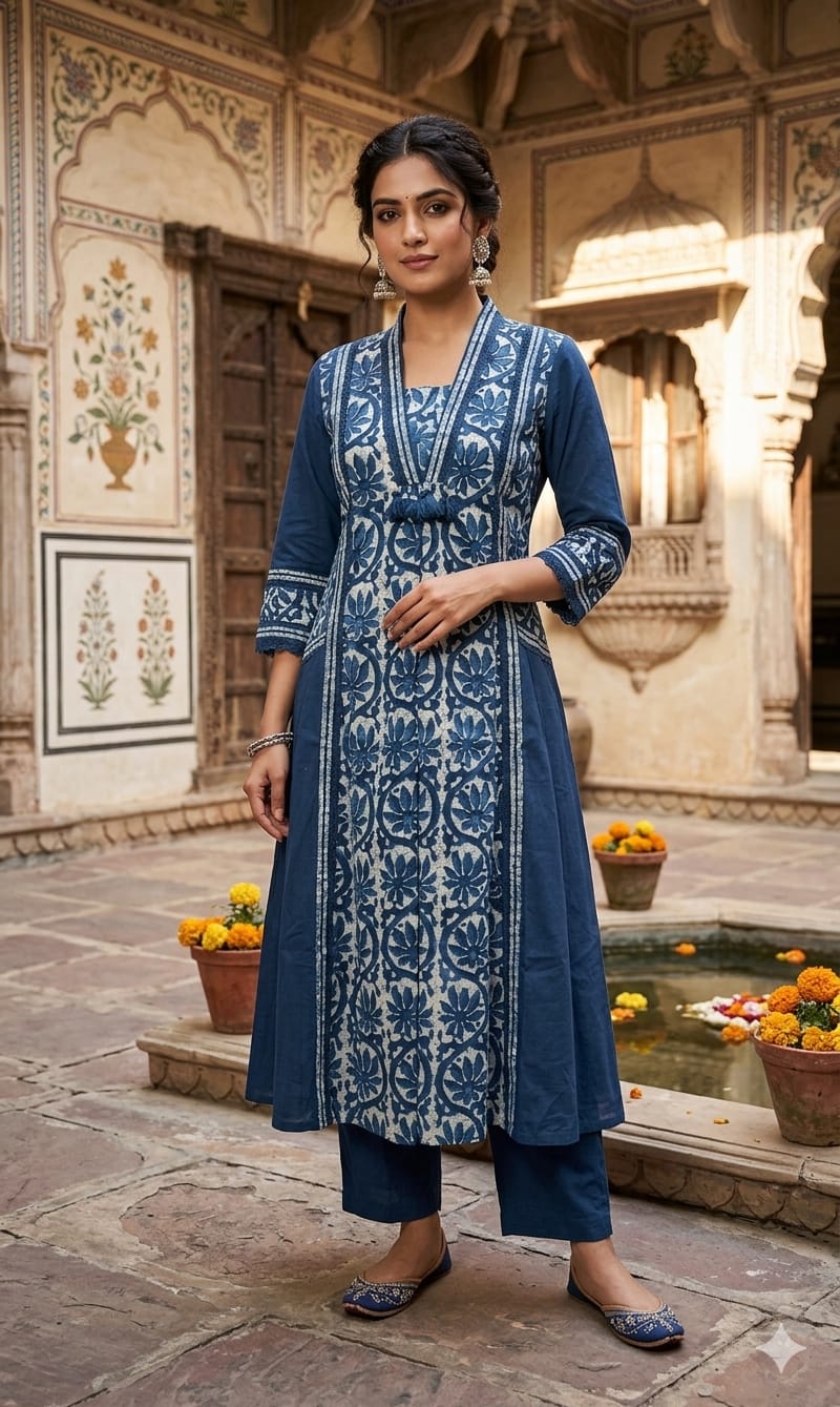 Indigo Blue Panel-Printed Anarkali Kurta with Angrakha-Style