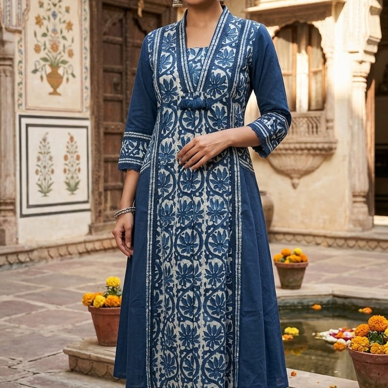 Indigo Blue Panel-Printed Anarkali Kurta with Angrakha-Style