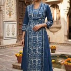 Indigo Blue Panel-Printed Anarkali Kurta with Angrakha-Style