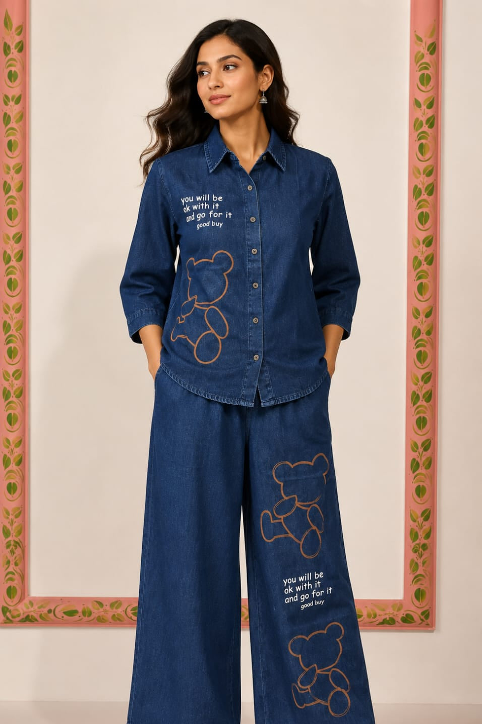 Indigo Blue Denim-Look Tunic and Wide-Leg Palazzo Co-ord Set.