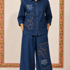 Indigo Blue Denim-Look Tunic and Wide-Leg Palazzo Co-ord Set.