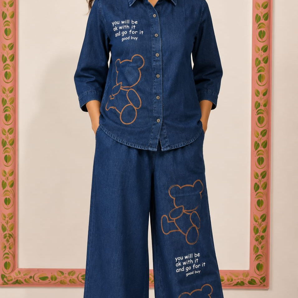 Indigo Blue Denim-Look Tunic and Wide-Leg Palazzo Co-ord Set.
