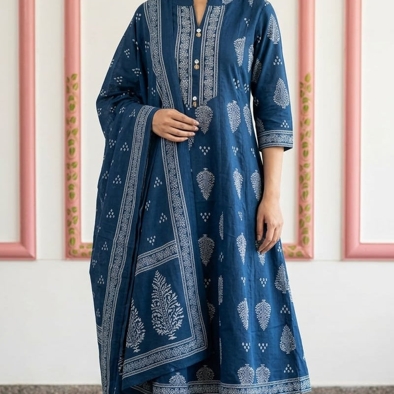 Indigo Blue Block-Printed Straight Kurta