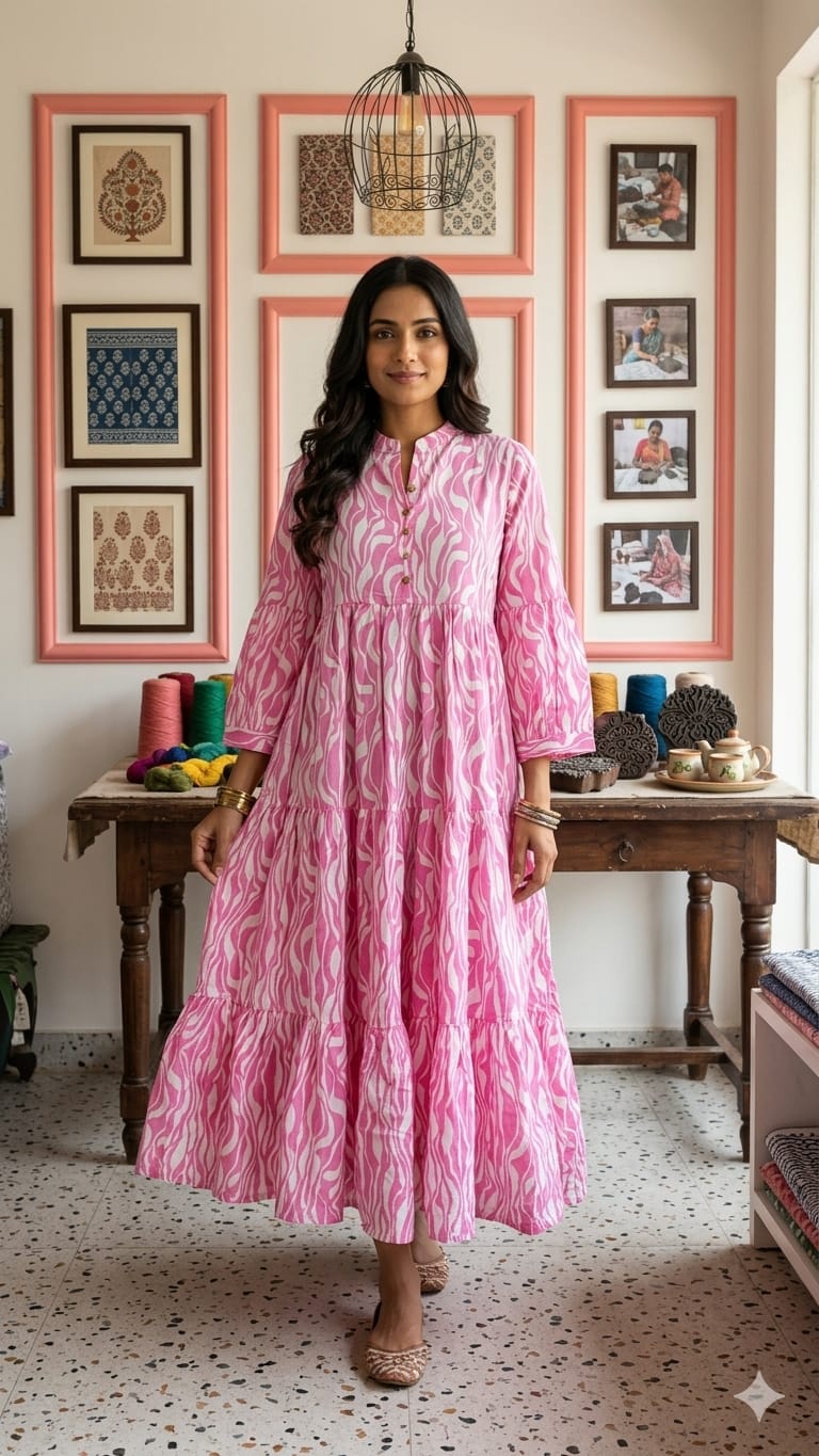 Candy Pink and White Zebra-Abstract Tiered Anarkali Dress