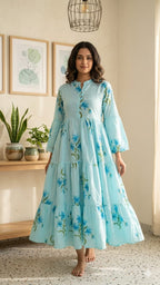 Powder Blue Floral-Print Tiered Anarkali Dress