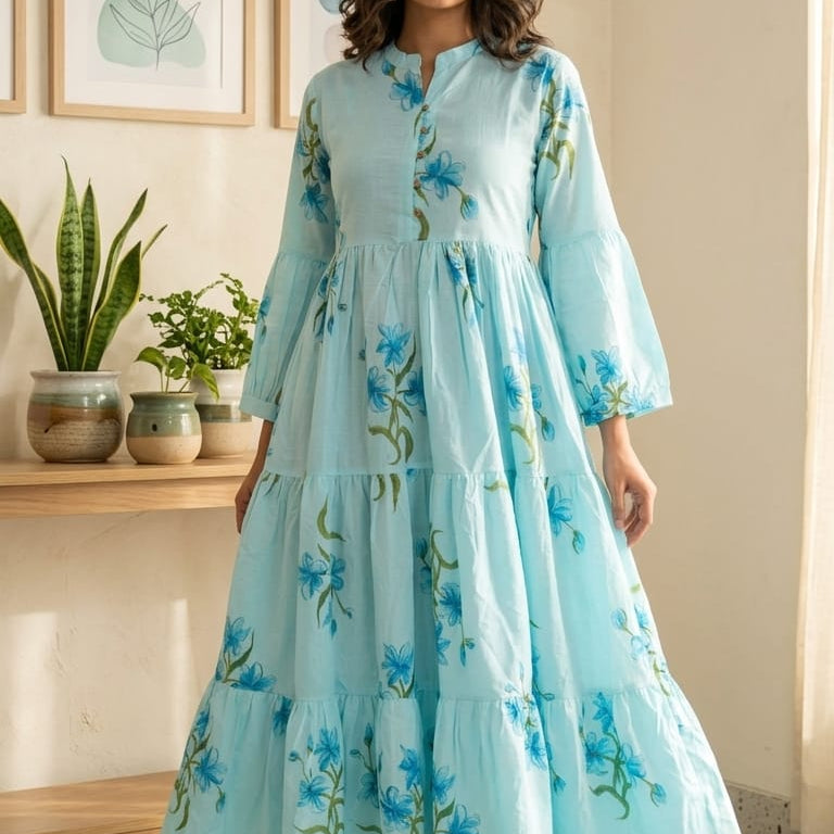 Powder Blue Floral-Print Tiered Anarkali Dress