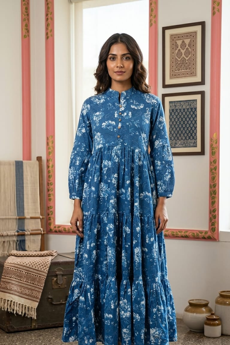 Dark Cocoa Blue A-Line Tunic Kurta with Embroidered V-Neckline