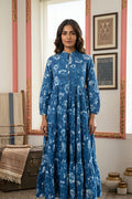 Dark Cocoa Blue A-Line Tunic Kurta with Embroidered V-Neckline