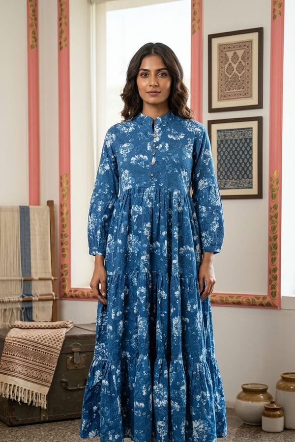 Dark Cocoa Blue A-Line Tunic Kurta with Embroidered V-Neckline