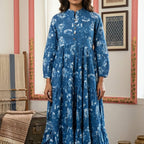Dark Cocoa Blue A-Line Tunic Kurta with Embroidered V-Neckline