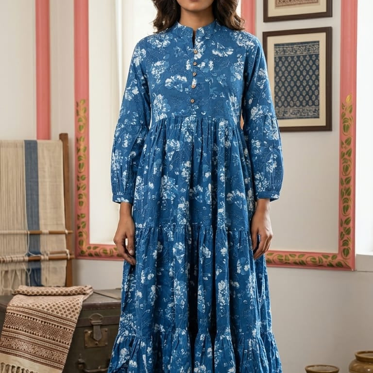 Dark Cocoa Blue A-Line Tunic Kurta with Embroidered V-Neckline