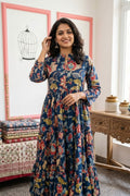 Indigo Blue Kalamkari Floral-Print Tiered Anarkali Dress