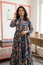 Indigo Blue Kalamkari Floral-Print Tiered Anarkali Dress