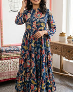 Indigo Blue Kalamkari Floral-Print Tiered Anarkali Dress