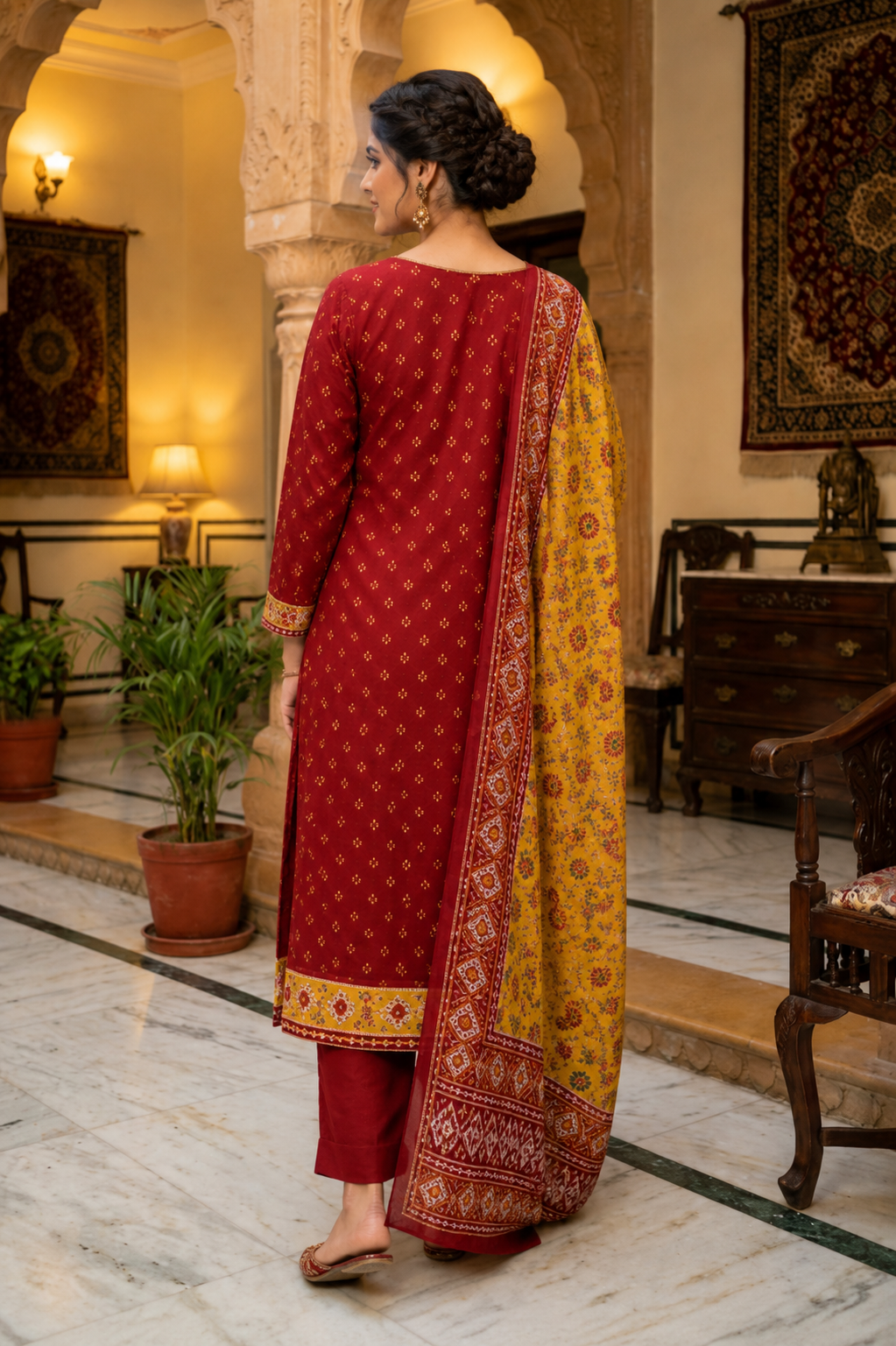 Ruby Red Heritage Anarkali with Bandhani Print Dupatta
