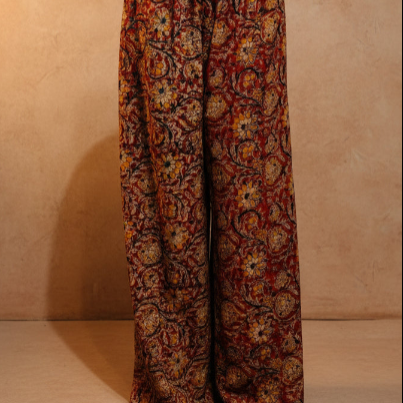Traditional Kalamkari Floral Print Wide-Leg Palazzo Pants
